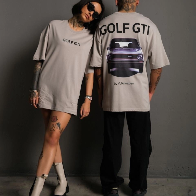 Oversize Baskılı Tişört – Golf GTI Retro Araba Desenli - Gri -