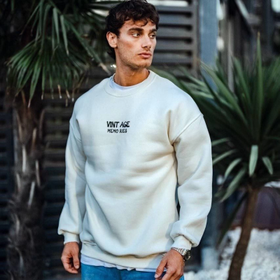 Oversize Bisiklet Yaka Üç İplik Baskılı SweatShirt - Beyaz -