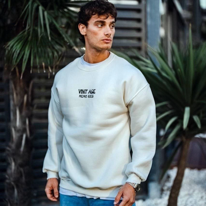 Oversize Bisiklet Yaka Üç İplik Baskılı SweatShirt - Beyaz -