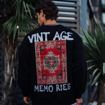 Oversize Bisiklet Yaka Üç İplik Baskılı SweatShirt - Siyah -