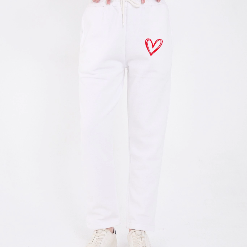 Oversize Boru Paça Baskılı Eşofman Pantolon - Beyaz