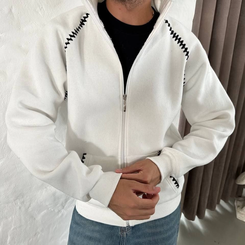 Oversize Dik Yaka Fermuarlı Sweatshirt - Zincir Nakışli Kanguru Cepli - Beyaz -