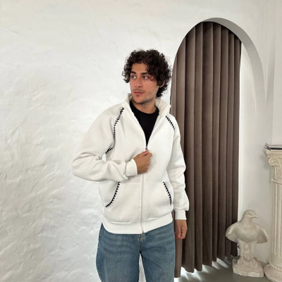Oversize Dik Yaka Fermuarlı Sweatshirt - Zincir Nakışli Kanguru Cepli - Beyaz -