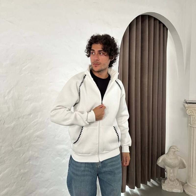 Oversize Dik Yaka Fermuarlı Sweatshirt - Zincir Nakışli Kanguru Cepli - Beyaz -