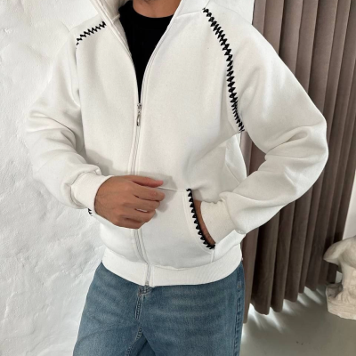 Oversize Dik Yaka Fermuarlı Sweatshirt - Zincir Nakışli Kanguru Cepli - Beyaz -