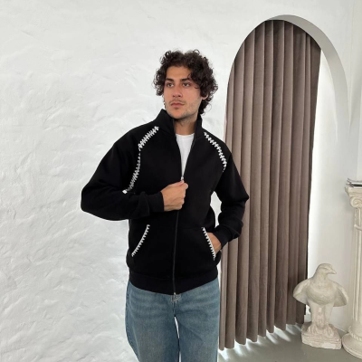 Oversize Dik Yaka Fermuarlı Sweatshirt - Zincir Nakışli Kanguru Cepli - Siyah -