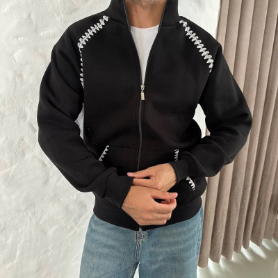 Oversize Dik Yaka Fermuarlı Sweatshirt - Zincir Nakışli Kanguru Cepli - Siyah -