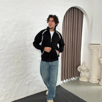 Oversize Dik Yaka Fermuarlı Sweatshirt - Zincir Nakışli Kanguru Cepli - Siyah -