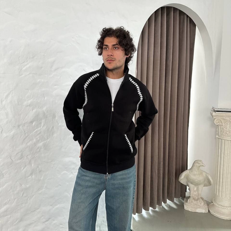 Oversize Dik Yaka Fermuarlı Sweatshirt - Zincir Nakışli Kanguru Cepli - Siyah -
