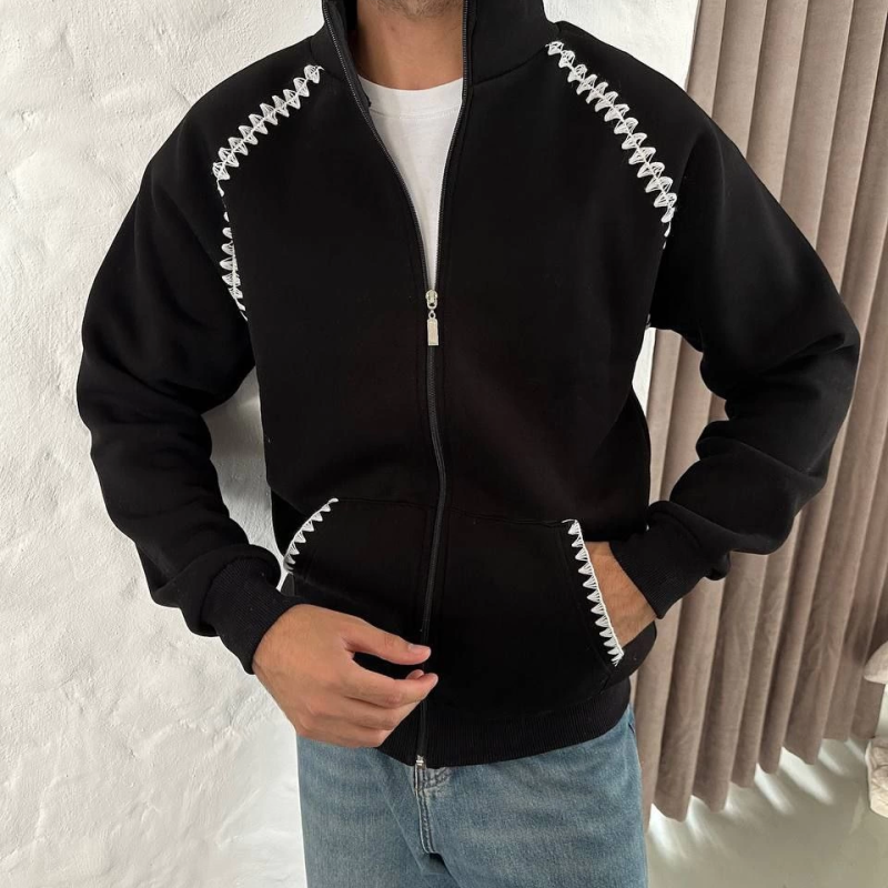 Oversize Dik Yaka Fermuarlı Sweatshirt - Zincir Nakışli Kanguru Cepli - Siyah -