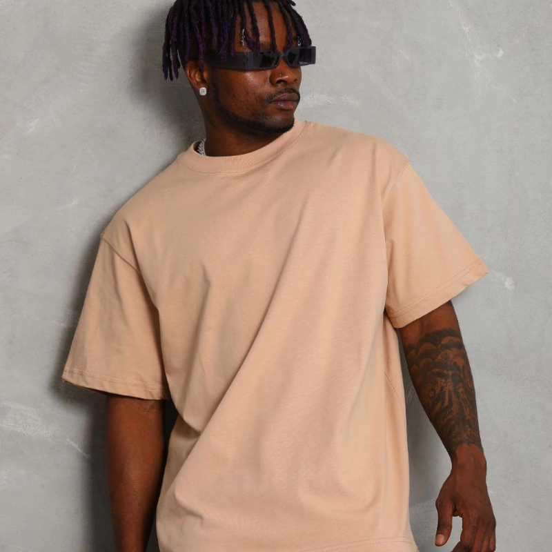 Oversize Düz Bisiklet Yaka T-Shirt - Bej -