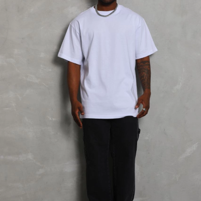 Oversize Düz Bisiklet Yaka T-Shirt - Beyaz -