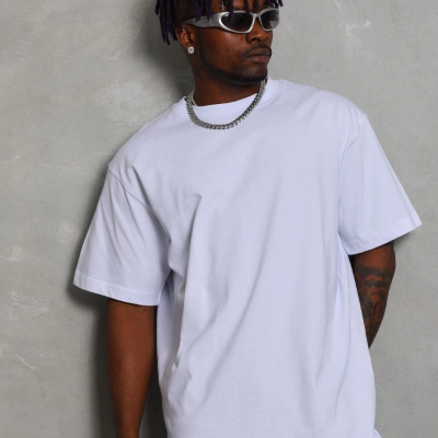 Oversize Düz Bisiklet Yaka T-Shirt - Beyaz -