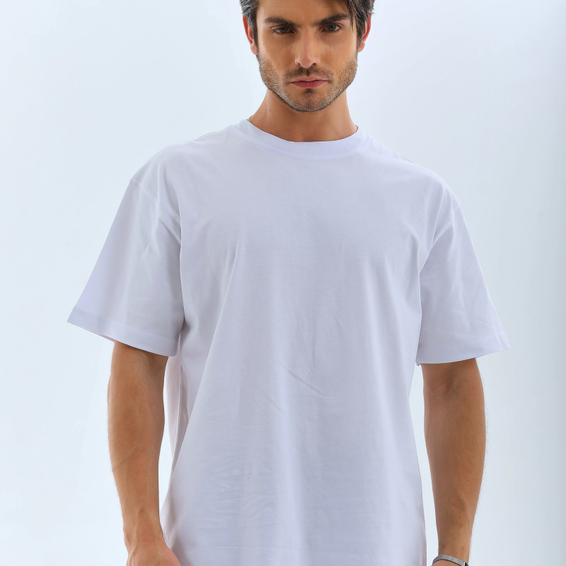 Oversize Düz Bisiklet Yaka T-Shirt - Beyaz