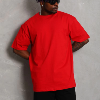 Oversize Düz Bisiklet Yaka T-Shirt - Kırmızı -