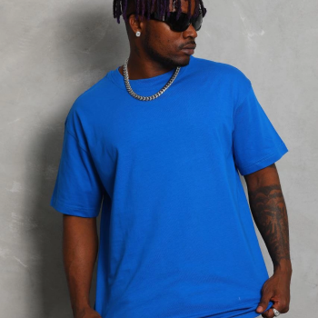 Oversize Düz Bisiklet Yaka T-Shirt - Mavi -