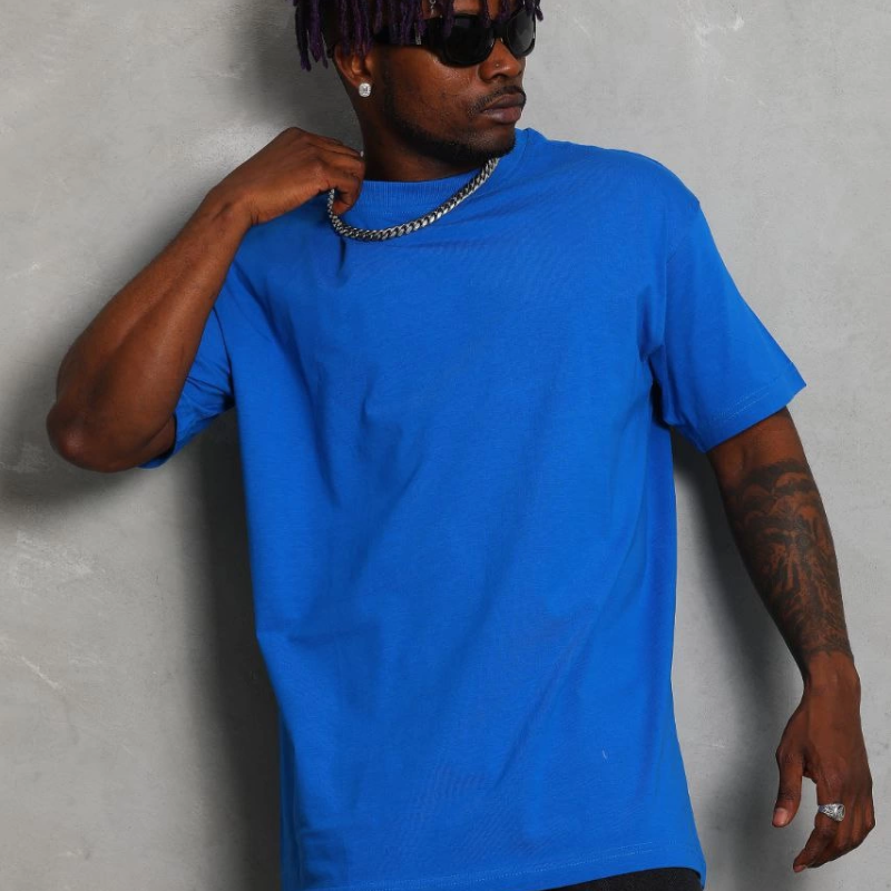 Oversize Düz Bisiklet Yaka T-Shirt - Mavi -