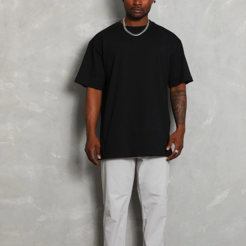 Oversize Düz Bisiklet Yaka T-Shirt - Siyah -