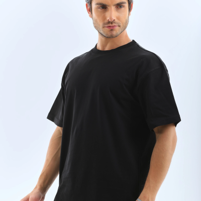 Oversize Düz Bisiklet Yaka T-Shirt - Siyah