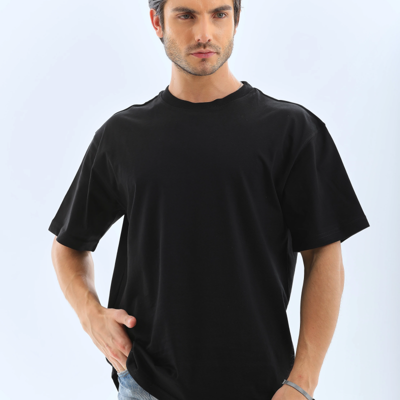 Oversize Düz Bisiklet Yaka T-Shirt - Siyah