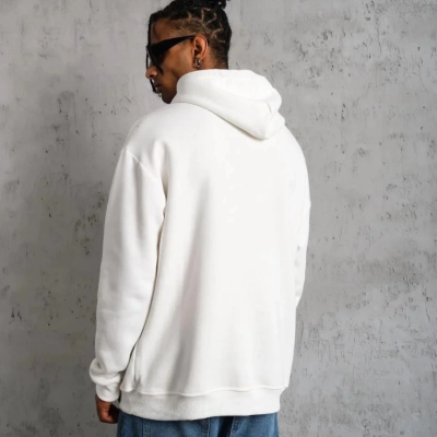 Oversize Kapüşonlu Sweatshirt – Beyaz Renk Üç İplik İçi Pamuklu Kanguru Cepli Baskılı Hoodie Rahat Kalıp Kışlık Günlük Kombinlere Uygun - Beyaz -