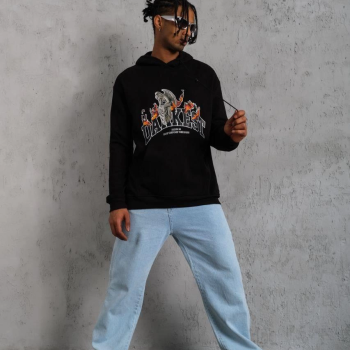 Oversize Kapüşonlu Sweatshirt – Siyah Renk Üç İplik İçi Pamuklu Kanguru Cepli Baskılı Hoodie Rahat Kalıp Kışlık Günlük Kombinlere Uygun - Siyah -