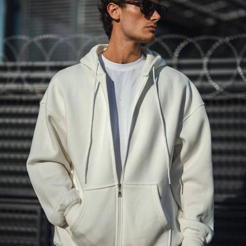 Oversize Tam Fermuarlı Uzun Kol Hırka - Beyaz