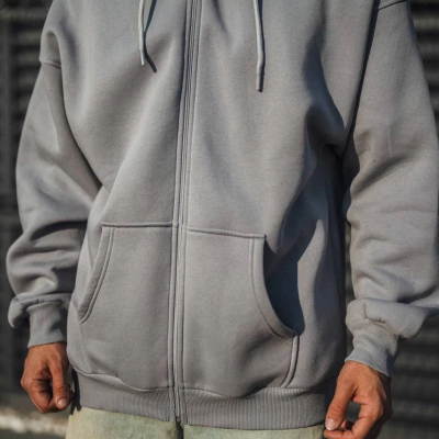 Oversize Tam Fermuarlı Uzun Kol Hırka - Gri