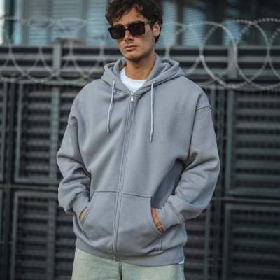 Oversize Tam Fermuarlı Uzun Kol Hırka - Gri