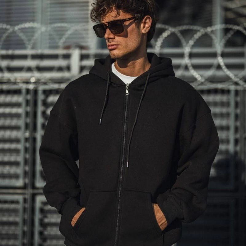 Oversize Tam Fermuarlı Uzun Kol Hırka - Siyah -