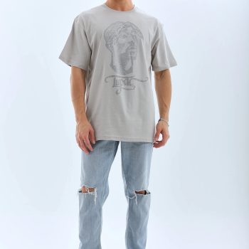 Oversize Taşlı Bisiklet Yaka T-Shirt - Gri -