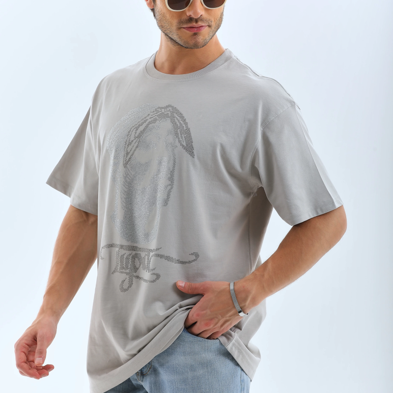 Oversize Taşlı Bisiklet Yaka T-Shirt - Gri -