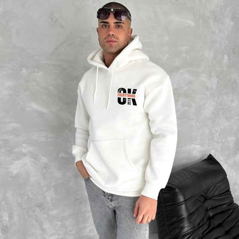 Oversize Üç İplik Kapüşonlu SweatShirt - Beyaz