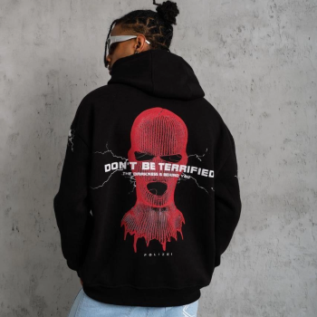 Oversize Üç İplik Kapüşonlu Sweatshirt – Siyah “Don’t Be Terrified” Ön, Sırt ve Kol Baskılı, Kanguru Cepli, Ribanalı Rahat Model- Siyah -