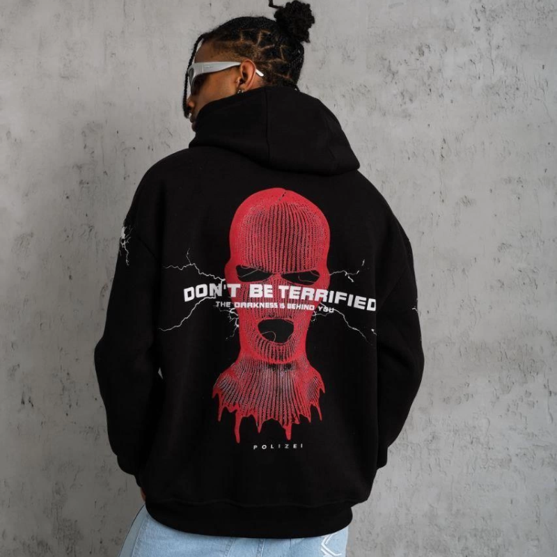 Oversize Üç İplik Kapüşonlu Sweatshirt – Siyah “Don’t Be Terrified” Ön, Sırt ve Kol Baskılı, Kanguru Cepli, Ribanalı Rahat Model- Siyah -