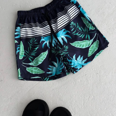 Palmiye Desenli Deniz Cepli Şort - Mavi -