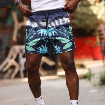 Palmiye Desenli Deniz Cepli Şort - Mavi -