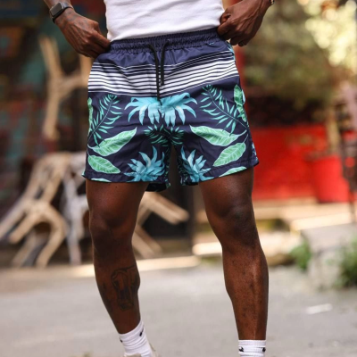 Palmiye Desenli Deniz Cepli Şort - Mavi -