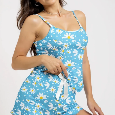 Papatya Baskılı Mavi Askılı Şortlu Pijama Takımı