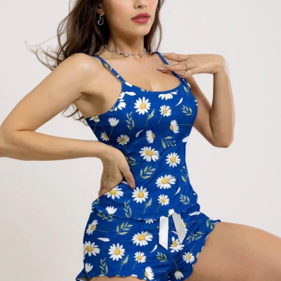 Papatya Desenli Mavi Askılı Şortlu Pijama Takımı