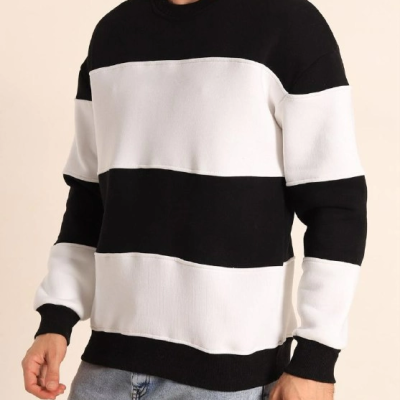 Parçalı Bisiklet Yaka Baskılı SweatShirt - Siyah -