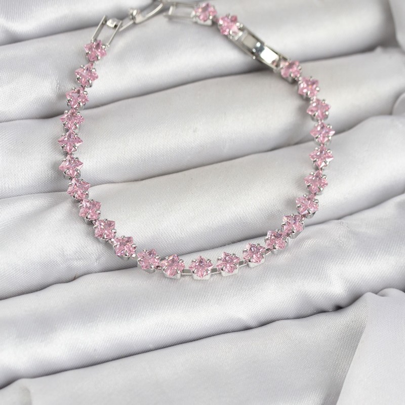 Pembe Kare Zirkon Taşlı Gümüş Renk Pirinç Su Yolu Kadın Bileklik