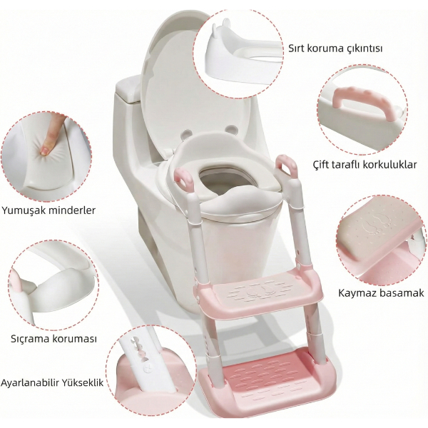 Pembe Merdivenli Çocuk Klozet Tuvalet Eğitimi Aparatı 