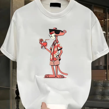 Pembe Panter Baskılı   Oversize Günlük Kısa Kollu Tişört- Beyaz -