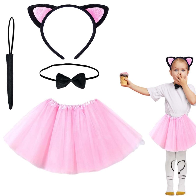 Pembe Renk Kedi Kostüm Seti - Tütü, Taç, Papyon, Kuyruk