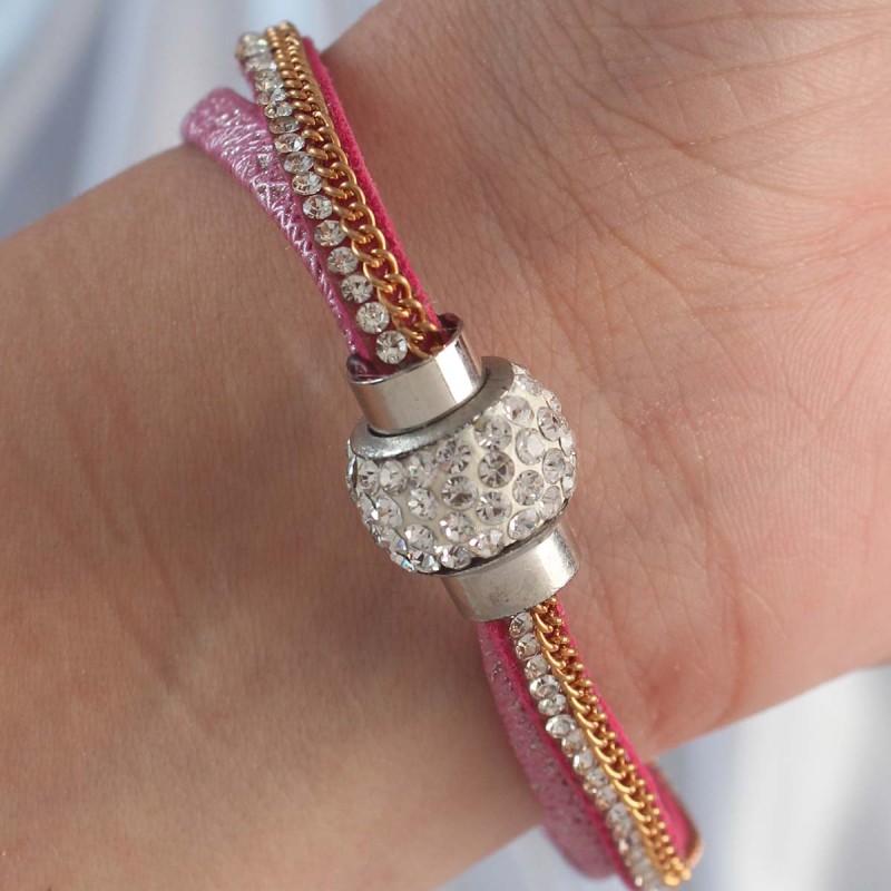 Pembe Renk Zirkon Taşlı Püskül Detay Deri Çoklu Bileklik