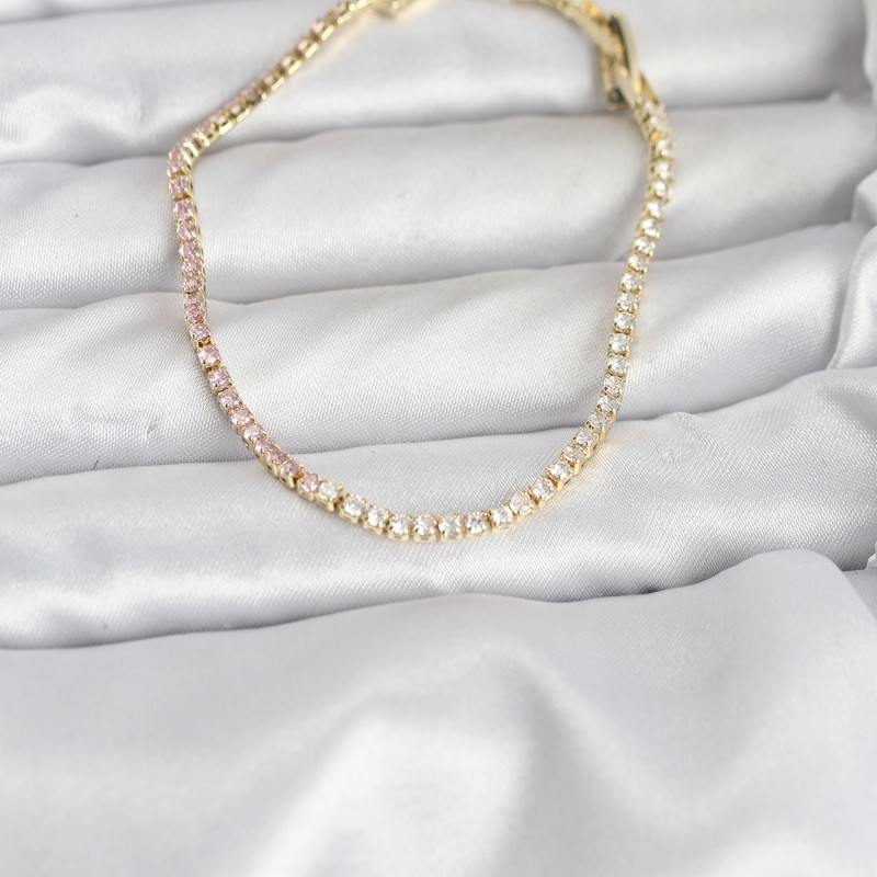 Pembe ve Beyaz Zirkon Taşlı Gold Renk Su Yolu Kadın Bileklik