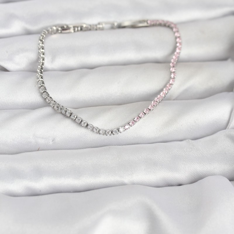 Pembe ve Beyaz Zirkon Taşlı Gümüş Renk Su Yolu Kadın Bileklik