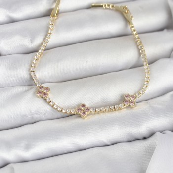 Pembe Yonca Detaylı Zirkon Taşlı Gold Renk Pirinç Su Yolu Kadın Bileklik