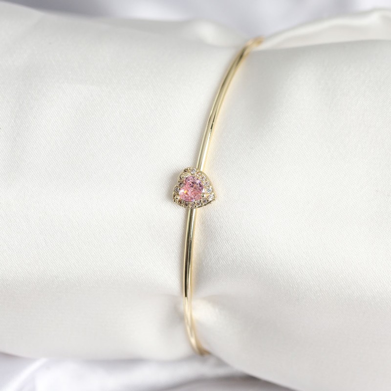 Pembe Zirkon Taşlı Kalp Model Gold Renk Kadın Bileklik